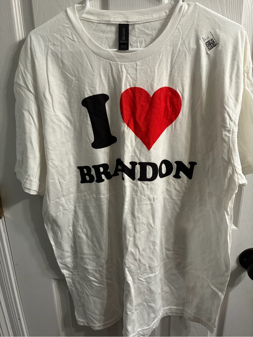 Gildan White Tee with Red Heart and Black 'Brandon' Print